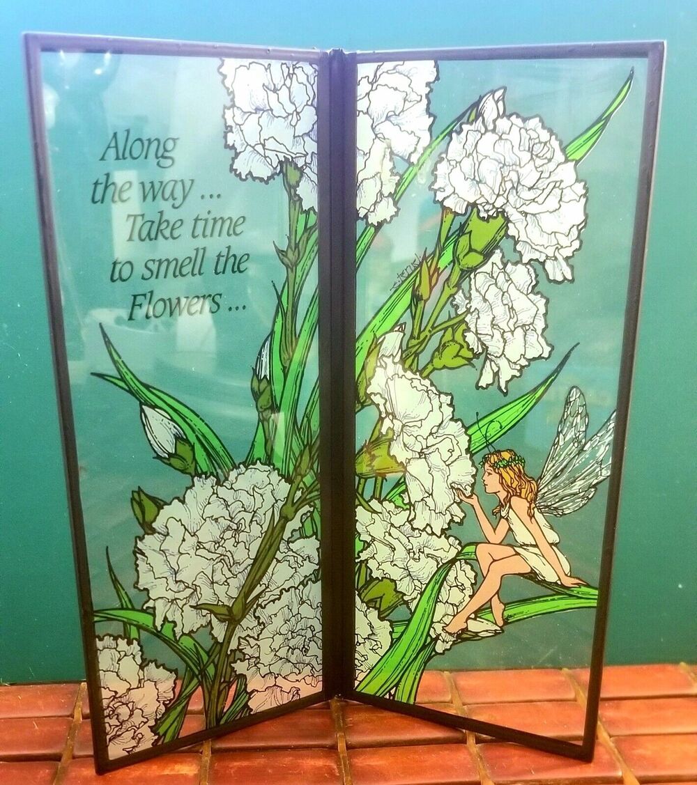 Vintage Fairy Seriglass Suncatcher "Take Time To  Smell The Flowers" Yorkcraft